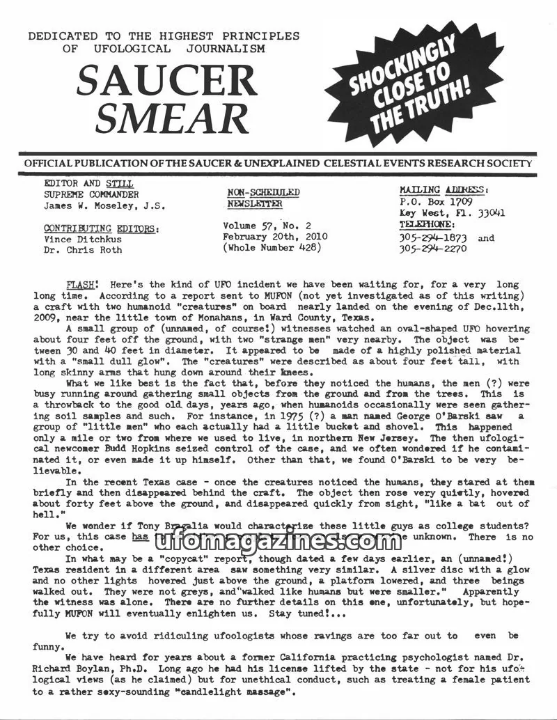 Cover of SAUCER & UNEXPLAINED CELESTIAL EVENTS RESEARCH SOCIETY issue Volume 57, No. 2: SAUCER SMEAR