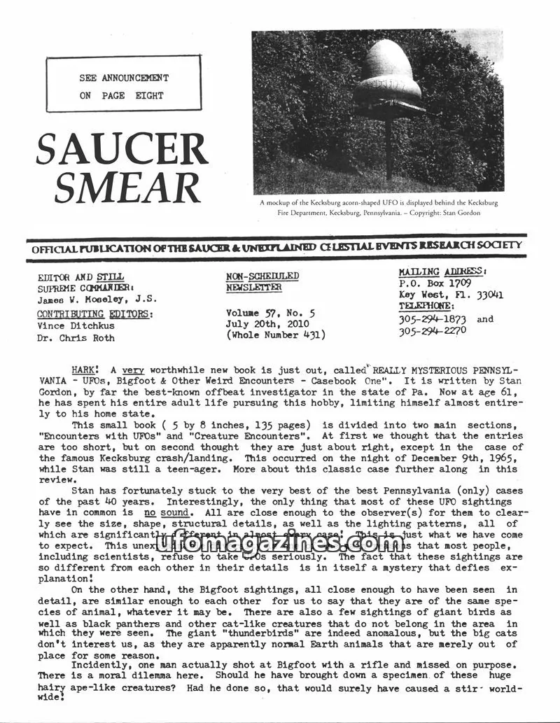 Cover of OFFICIAL PUBLICATION OF THE SAUCER & UNEXPLAINED CELESTIAL EVENTS RESEARCH SOCIETY issue Volume 57, No. 5 (Whole Number 431): SAUCER SMEAR