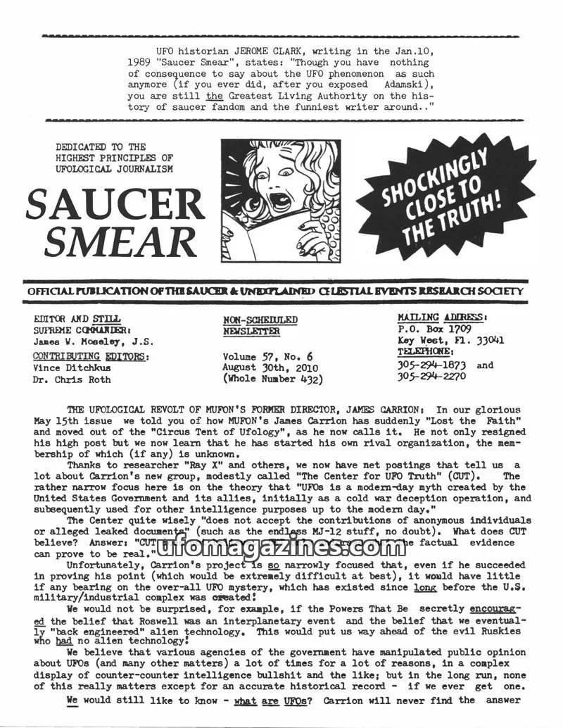 Cover of THE SAUCER & UNDPLAINED CELESTIAL EVENTS RESEARCH SOCIETY issue Volume 57, No. 6: SAUCER SMEAR