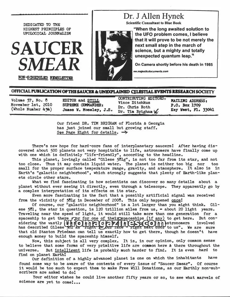 Cover of SAUCER & UNEXPLAINED CELESTIAL EVENTS RESEARCH SOCIETY issue Volume 57, No. 8: SAUCER SMEAR