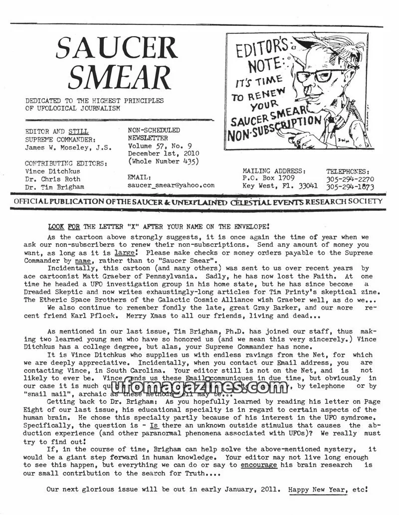 Cover of SAUCER & UNEXPLAINED CELESTIAL EVENTS RESEARCH SOCIETY issue Volume 57, No. 9: SAUCER SMEAR