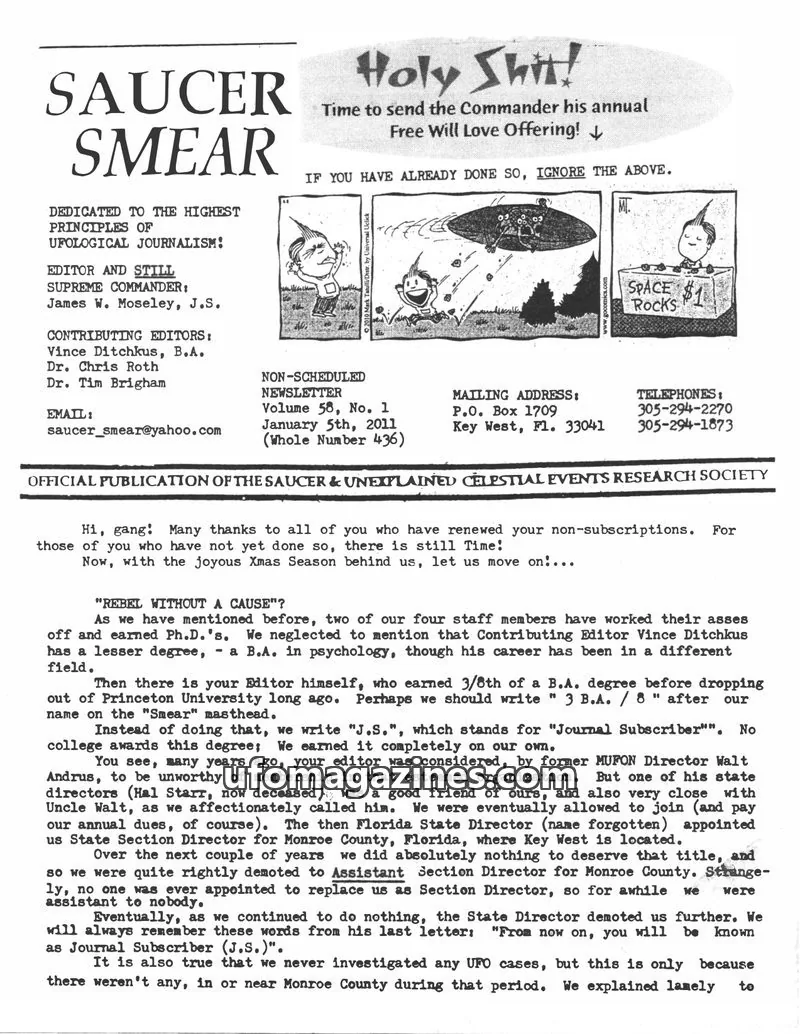 Cover of SAUCER & UNEXPLAINED CELESTIAL EVENTS RESEARCH SOCIETY issue Volume 58, No. 1: SAUCER SMEAR