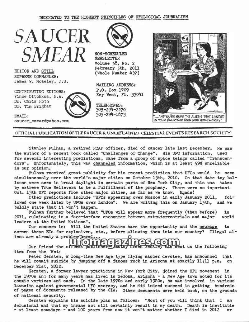 Cover of THE SAUCER & UNEXPLAINED CELESTIAL EVENTS RESEARCH SOCIETY issue Volume 58, No. 2: SAUCER SMEAR