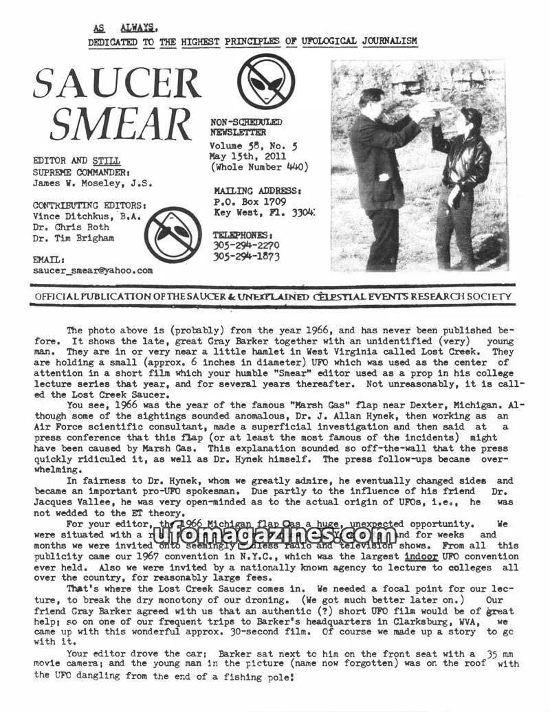 Cover of OFFICIAL PUBLICATION OF THE SAUCER & UNEXPLAINED CELESTIAL EVENTS RESEARCH SOCIETY issue Volume 58, No. 5: SAUCER SMEAR