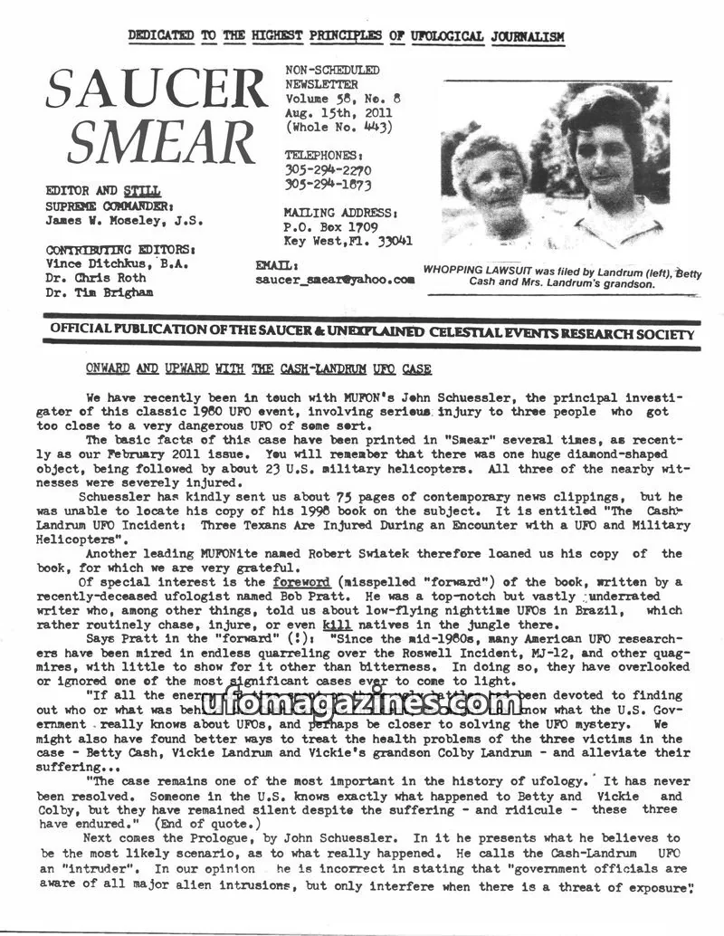 Cover of SAUCER & UNEXPLAINED CELESTIAL EVENTS RESEARCH SOCIETY issue Volume 58, No. 8 (Whole No. 443): SAUCER SMEAR