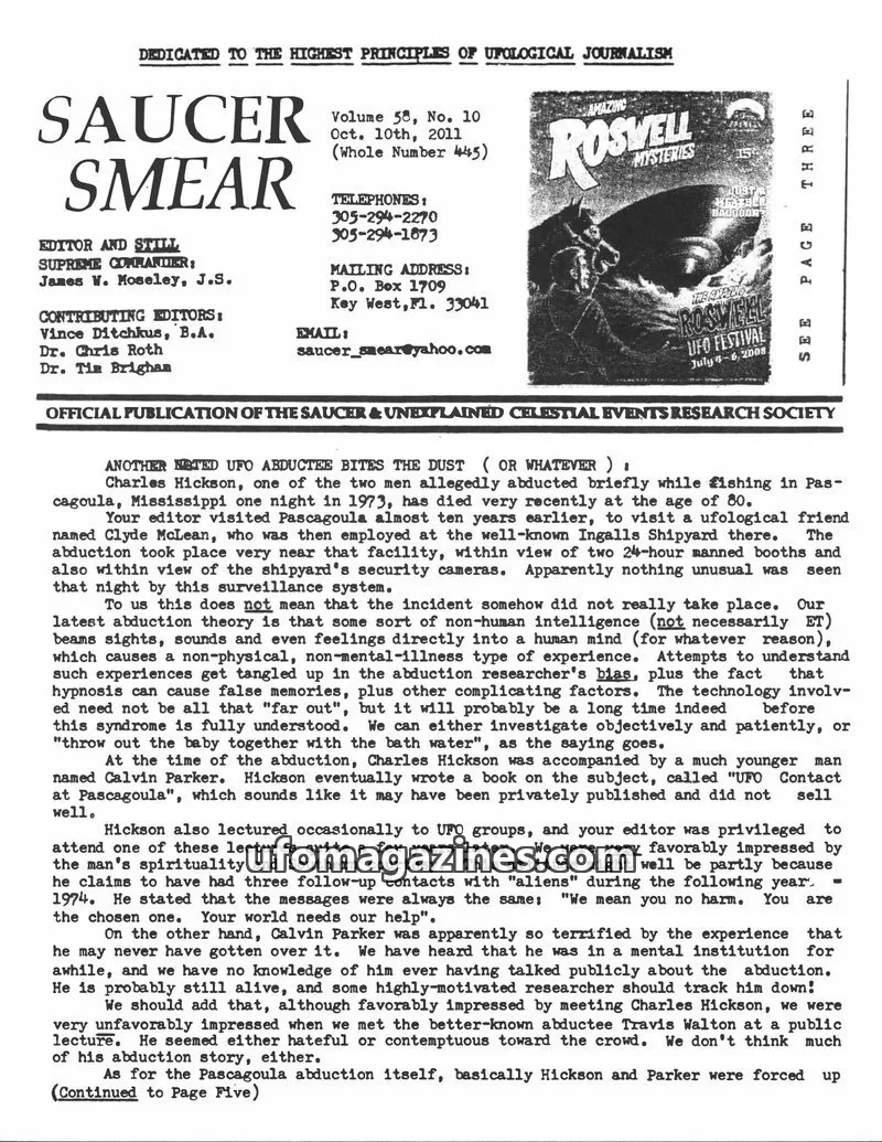Cover of SAUCER & UNEXPLAINED CELESTIAL EVENTS RESEARCH SOCIETY issue Volume 58, No. 10: SAUCER SMEAR