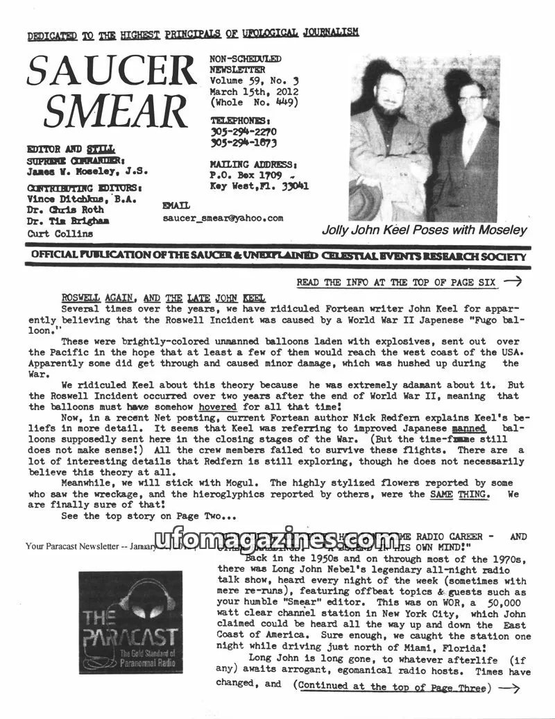 Cover of SAUCER & UNEXPLAINED CELESTIAL EVENTS RESEARCH SOCIETY issue 59, No. 3: SAUCER SMEAR