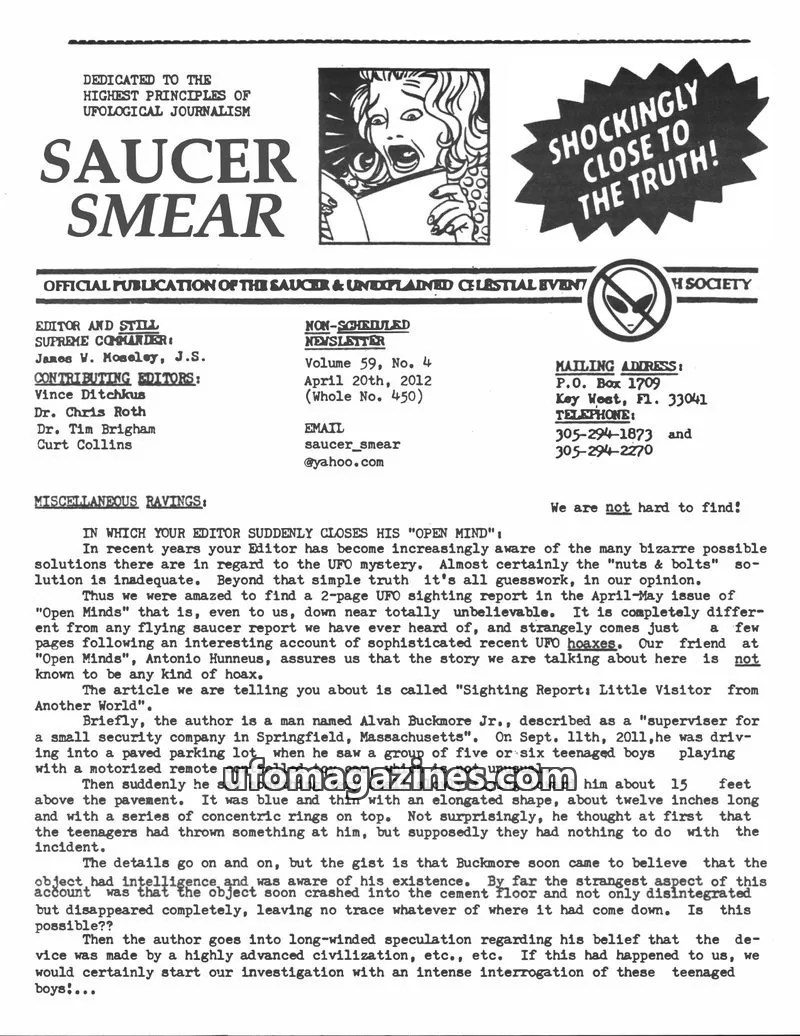 Cover of SAUCER & UNDPLAINED CELESTIAL EVENT SOCIETY issue Volume 59, No. 4: SAUCER SMEAR