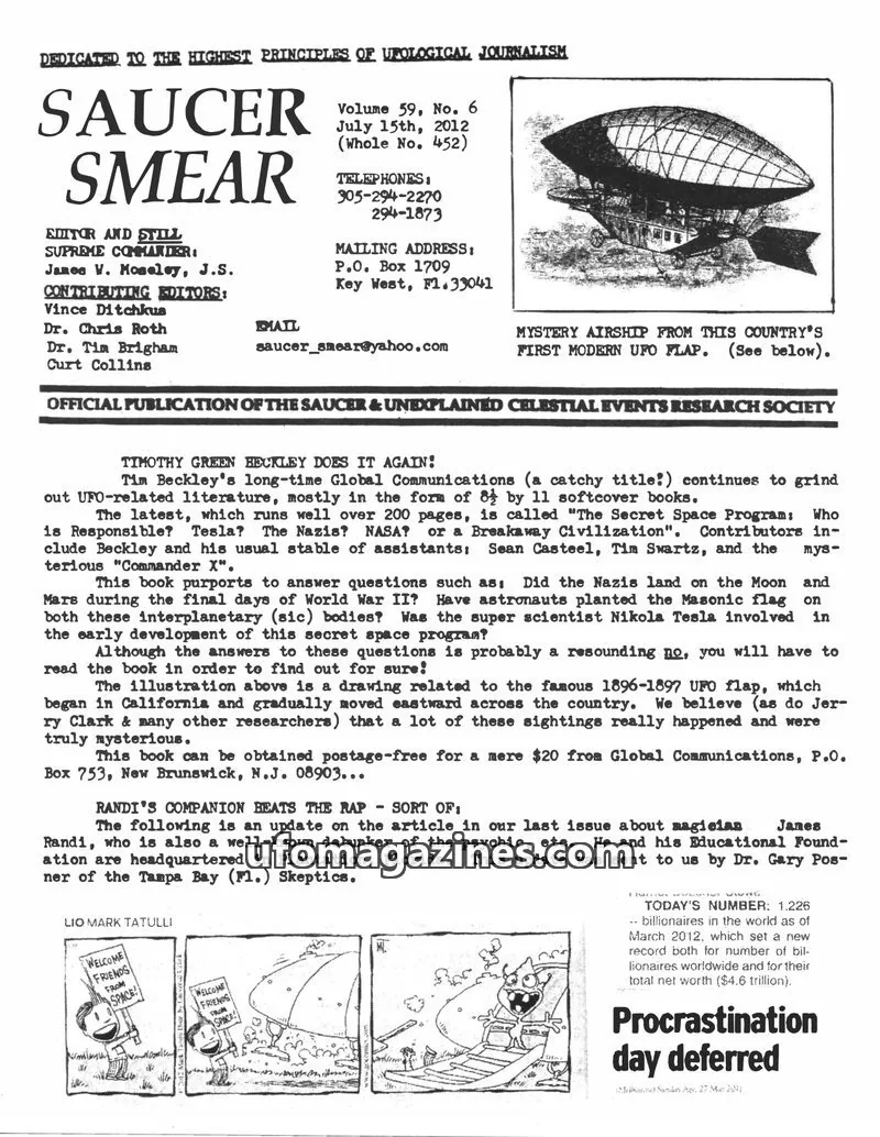 Cover of SAUCER & UNEXPLAINED CELESTIAL EVENTS RESEARCH SOCIETY issue Volume 59, No. 6: SAUCER SMEAR