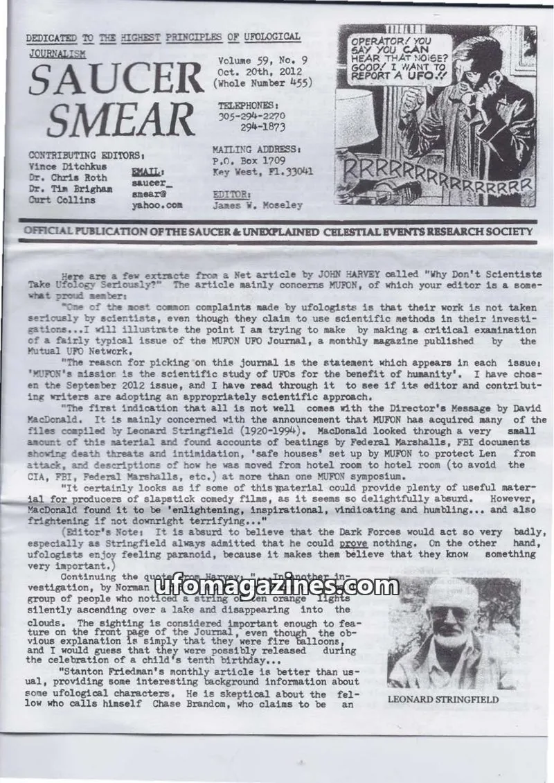 Cover of Saucer & Unexplained Celestial Events Research Society issue 59, No. 9: Saucer Smear