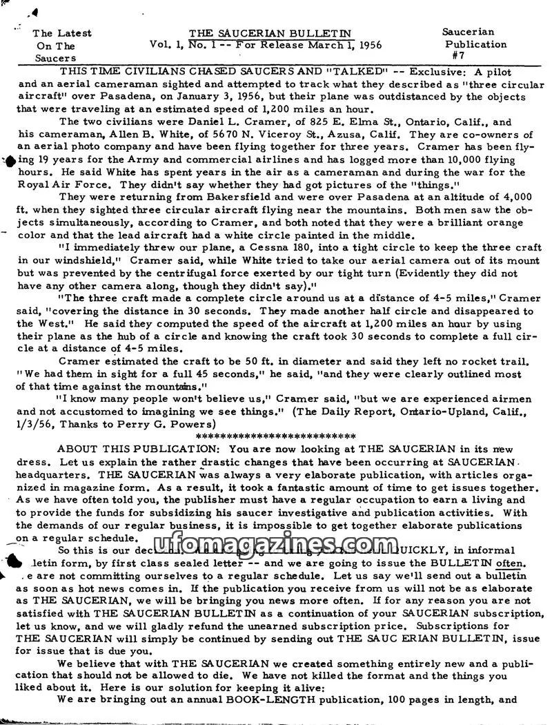 Cover of Saucerian Bulletin issue Vol. 1, No. 1: THE SAUCERIAN BULLETIN