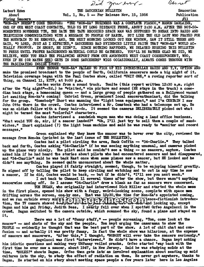 Cover of Saucerian Bulletin issue Vol. 1, No. 5: THE SAUCERIAN BULLETIN