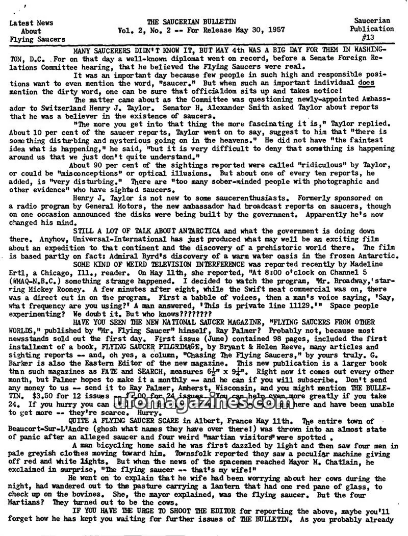 Cover of SAUCERIAN PUBLICATIONS issue Vol. 2, No. 2: THE SAUCERIAN BULLETIN