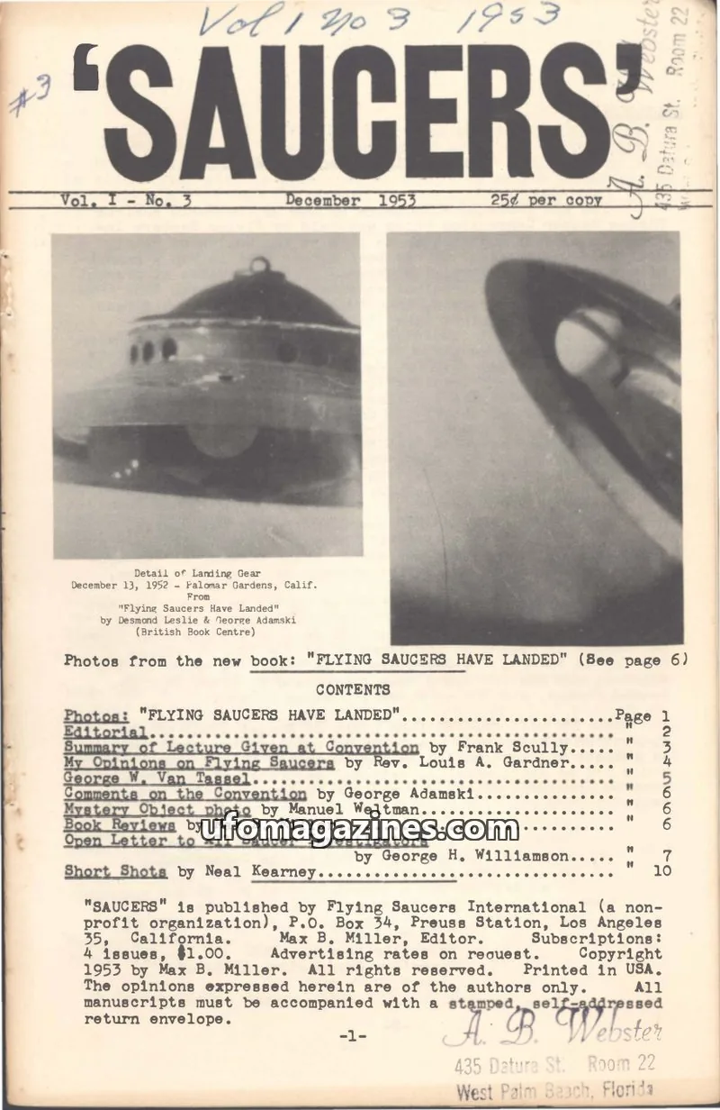 Cover of Saucers (Max B Miller) issue Vol. I - No. 3: 'SAUCERS'