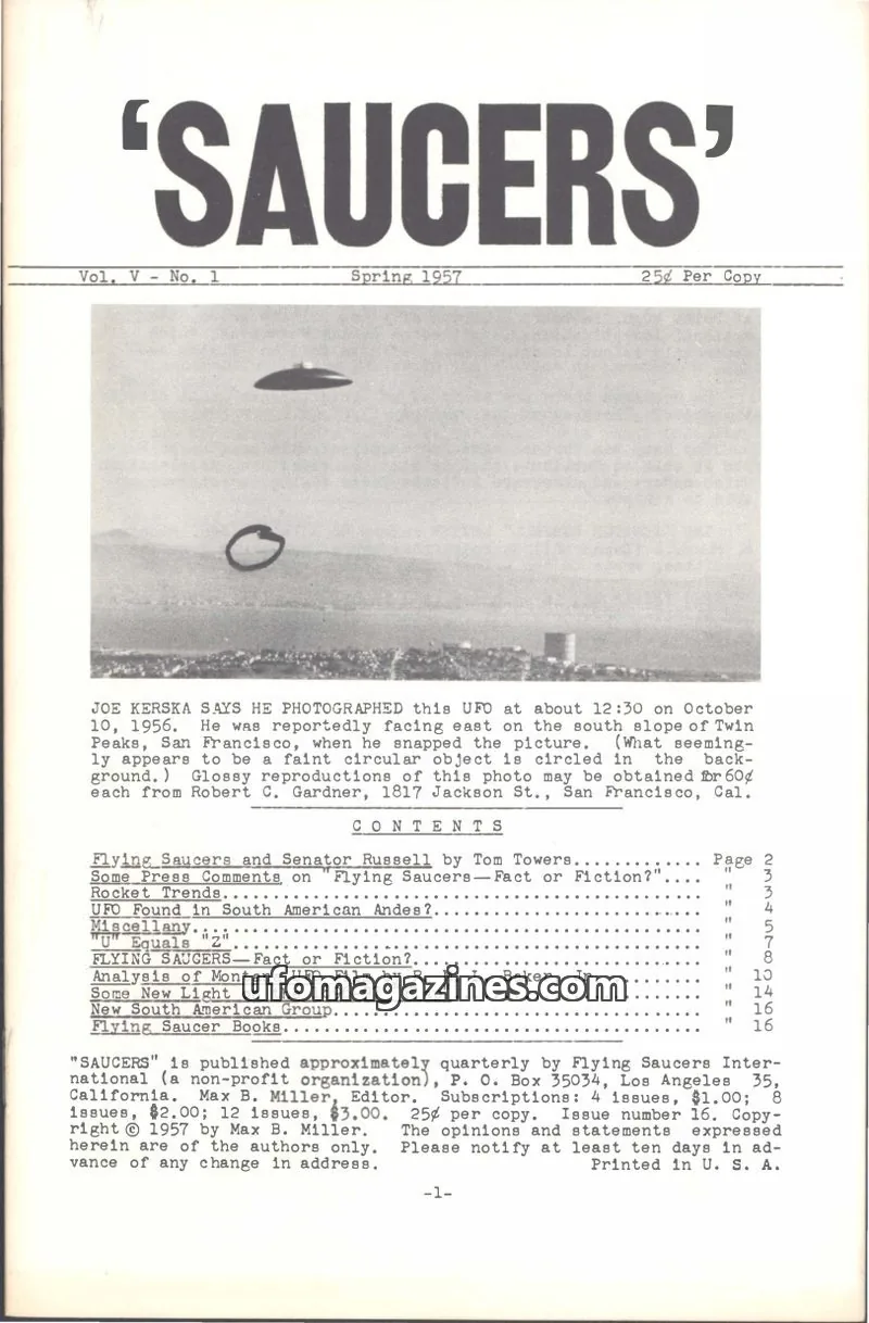 Cover of Saucers (Max B Miller) issue Vol. V - No. 1: 'SAUCERS'