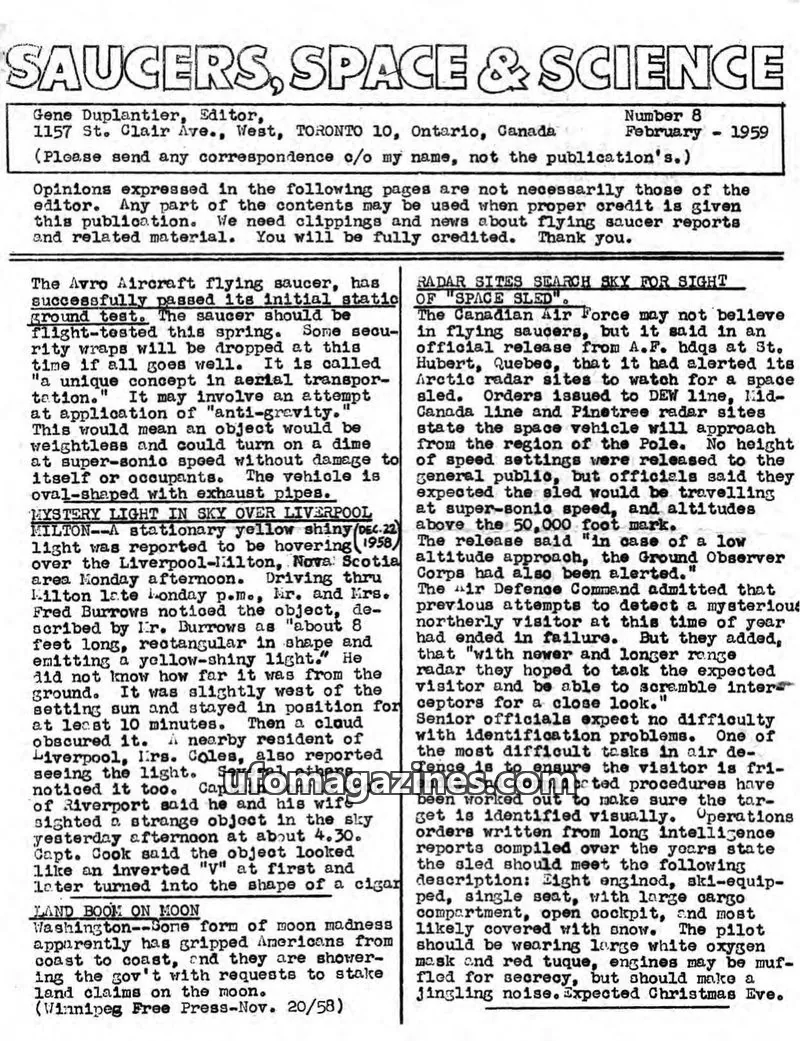 Cover of Saucers, Space & Science  (Duplantier) issue 8: SAUCERS, SPACE & SCIENCE
