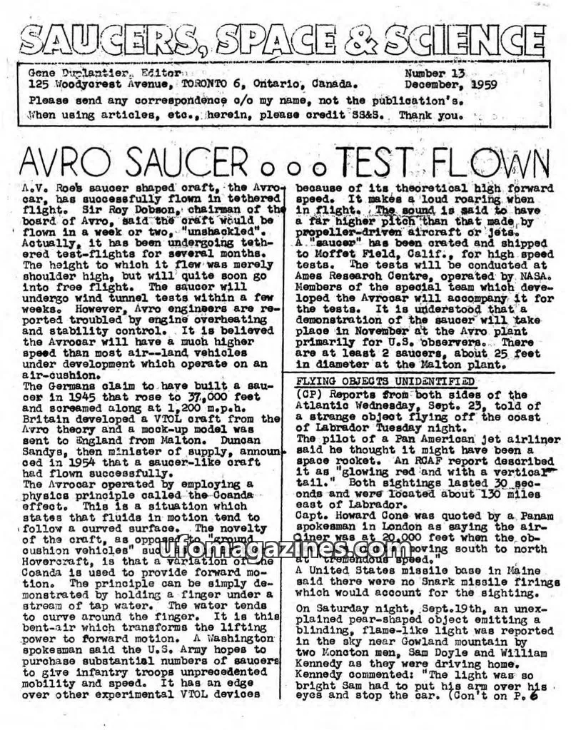 Cover of Saucers, Space & Science  (Duplantier) issue 13: SAUCERS, SPACE & SCIENCE