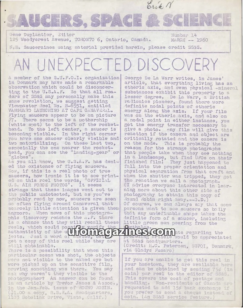 Cover of Saucers, Space & Science  (Duplantier) issue 14: SAUCERS, SPACE & SCIENCE