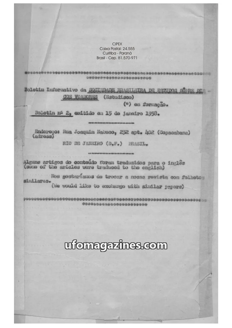 Cover of CIPEX issue 2: Boletim Informativo da SOCIEDADE BRASILEIRA DE ESTUDOS SOBRE DISCOS VOADORES (Estudisco)