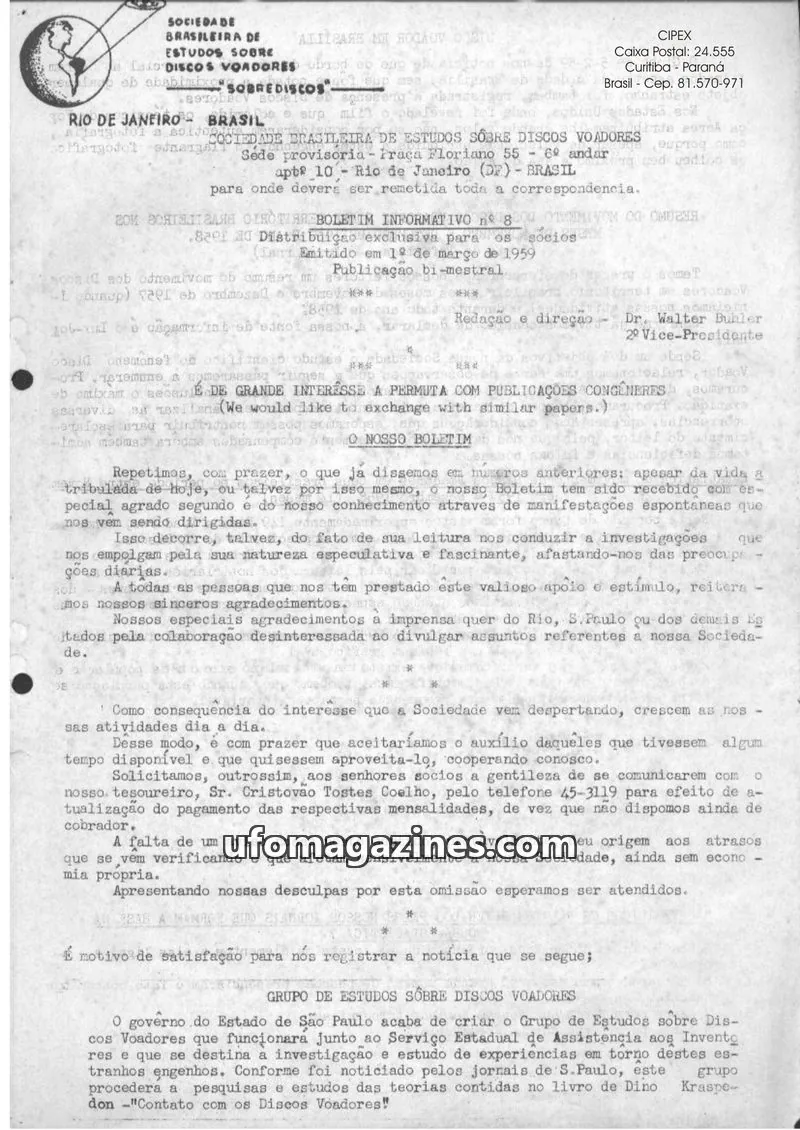 Cover of CIPEX issue BOLETIM INFORMATIVO Nº 8: SOCIEDADE BRASILEIRA DE ESTUDOS SOBRE DISCOS VOADORES