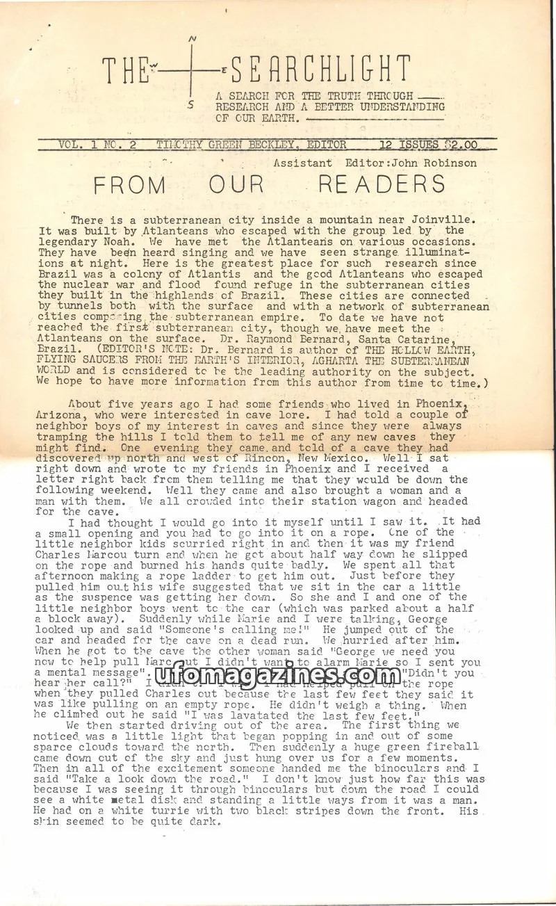 Cover of Searchlight (Timothy Green Beckley) issue VOL. 1 NO. 2: THE SEARCHLIGHT