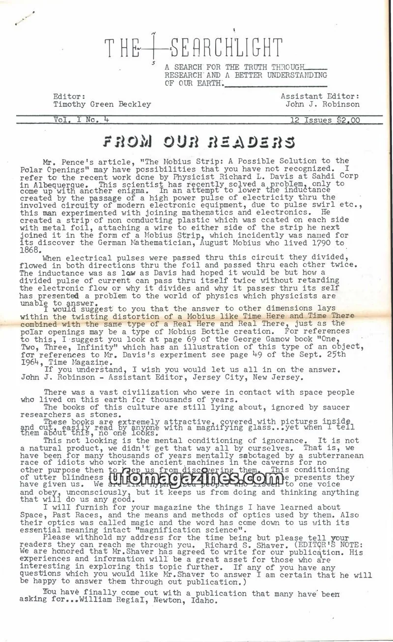 Cover of Searchlight (Timothy Green Beckley) issue Vol. 1 No. 4: THE SEARCHLIGHT
