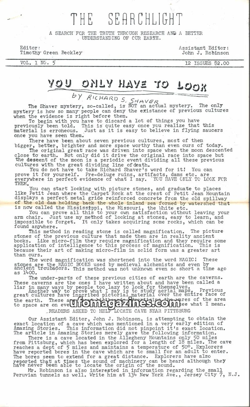 Cover of Searchlight (Timothy Green Beckley) issue VOL. 1 NO. 5: THE SEARCHLIGHT