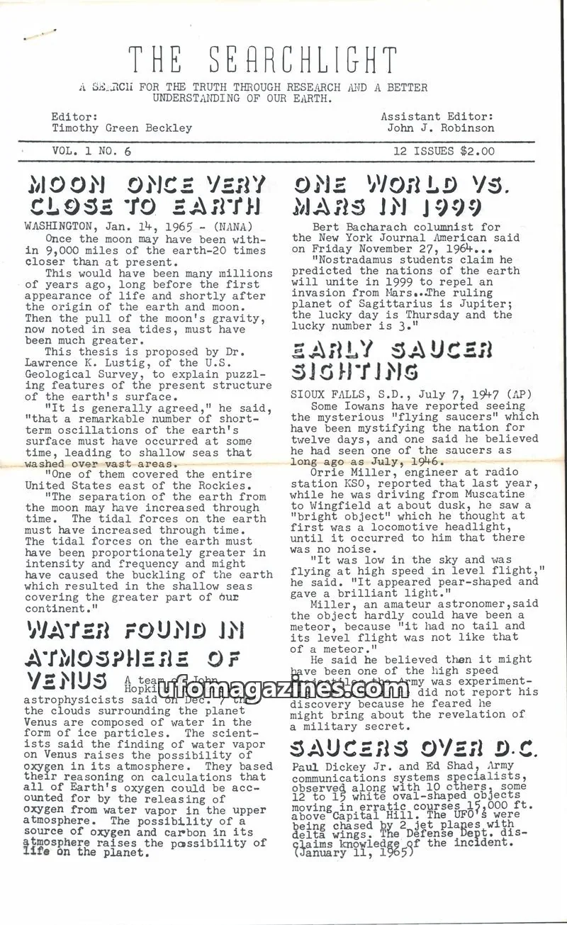 Cover of Searchlight (Timothy Green Beckley) issue VOL. 1 NO. 6: THE SEARCHLIGHT