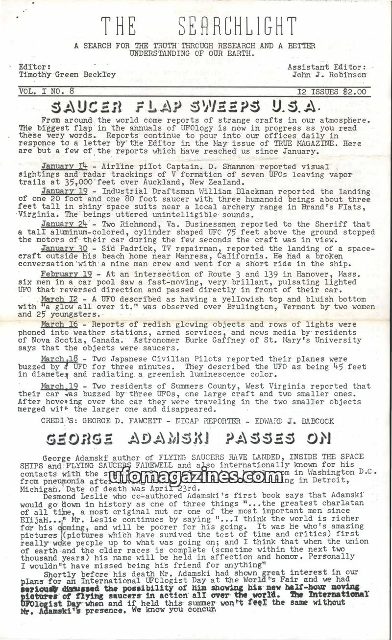 Cover of Searchlight (Timothy Green Beckley) issue VOL. I NO. 8: THE SEARCHLIGHT