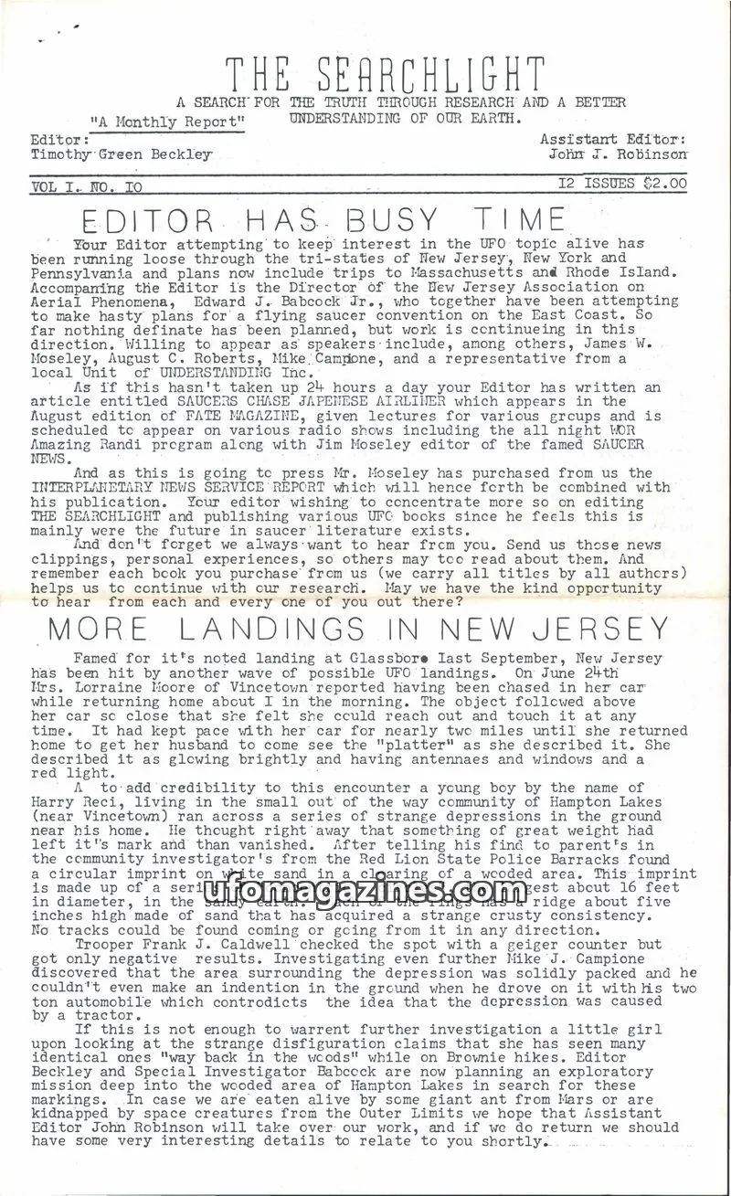 Cover of Searchlight (Timothy Green Beckley) issue VOL I. NO. IO: THE SEARCHLIGHT