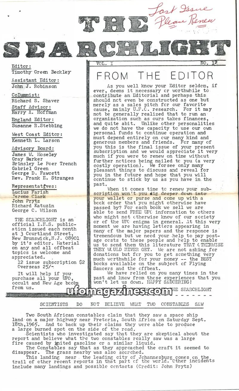 Cover of Searchlight (Timothy Green Beckley) issue 12: THE SEARCHLIGHT