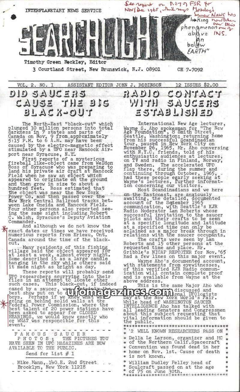 Cover of INTERPLANETARY NEWS SERVICE issue VOL. 2. NO. I: THE SEARCHLIGHT
