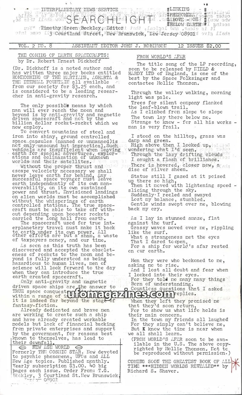 Cover of INTERPLANETARY NEWS SERVICE issue VOL. 2 NO. 8: SEARCHLIGHT