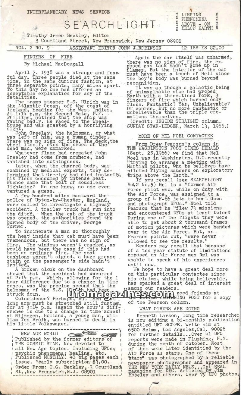 Cover of Searchlight (Timothy Green Beckley) issue VOL. 2 NO. 9: SEARCHLIGHT