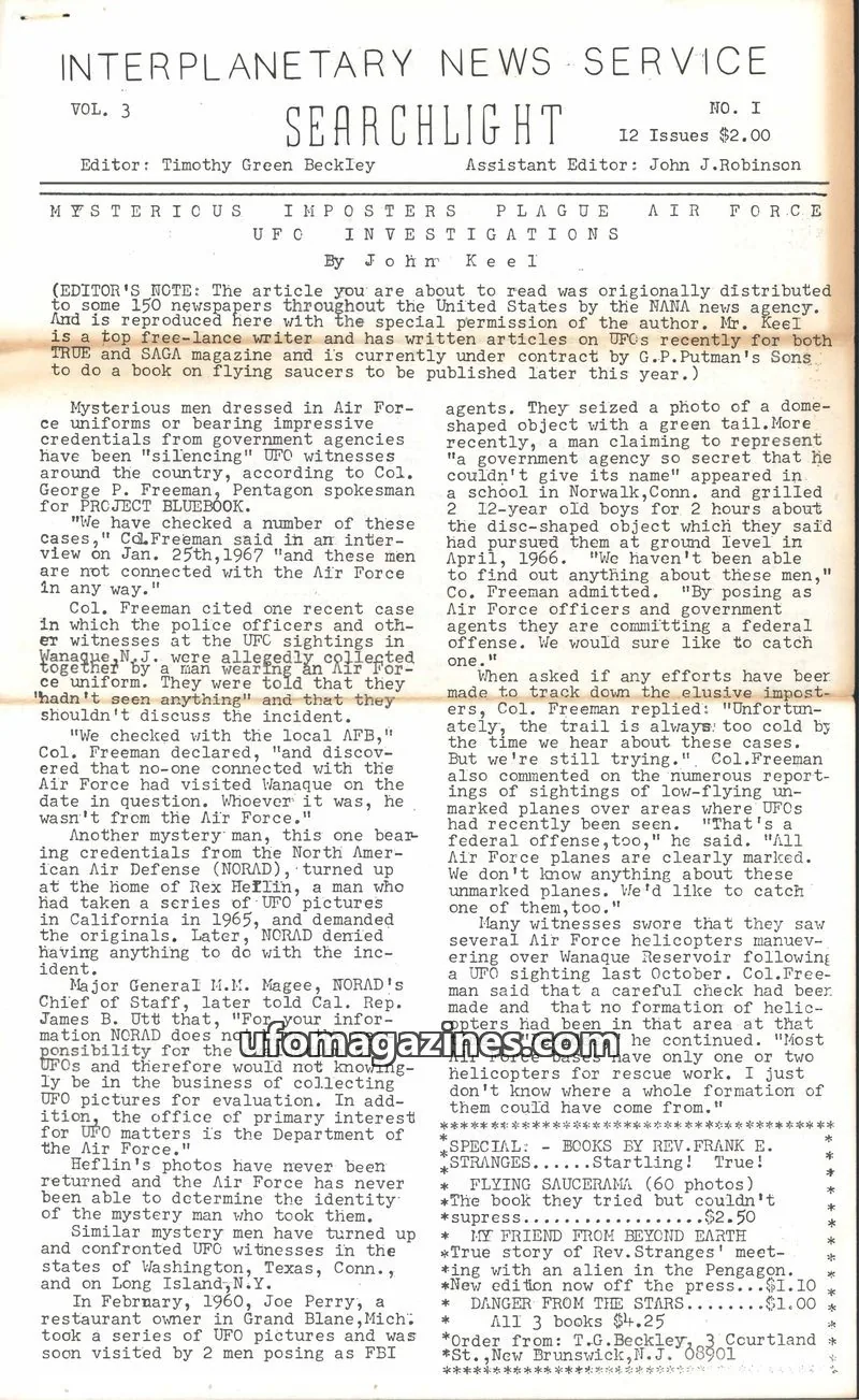 Cover of Searchlight (Timothy Green Beckley) issue NO. I: INTERPLANETARY NEWS SERVICE SEARCHLIGHT