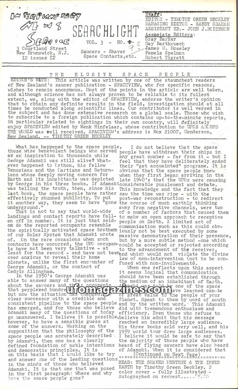 Cover of Searchlight (Timothy Green Beckley) issue VOL. 3 NO. 2: SEARCHLIGHT