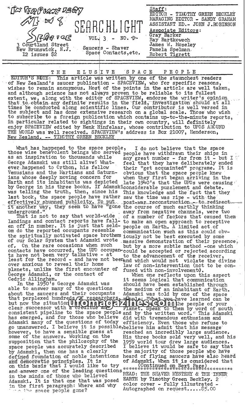 Cover of Searchlight (Timothy Green Beckley) issue VOL. 3. NO. 6: SEARCHLIGHT