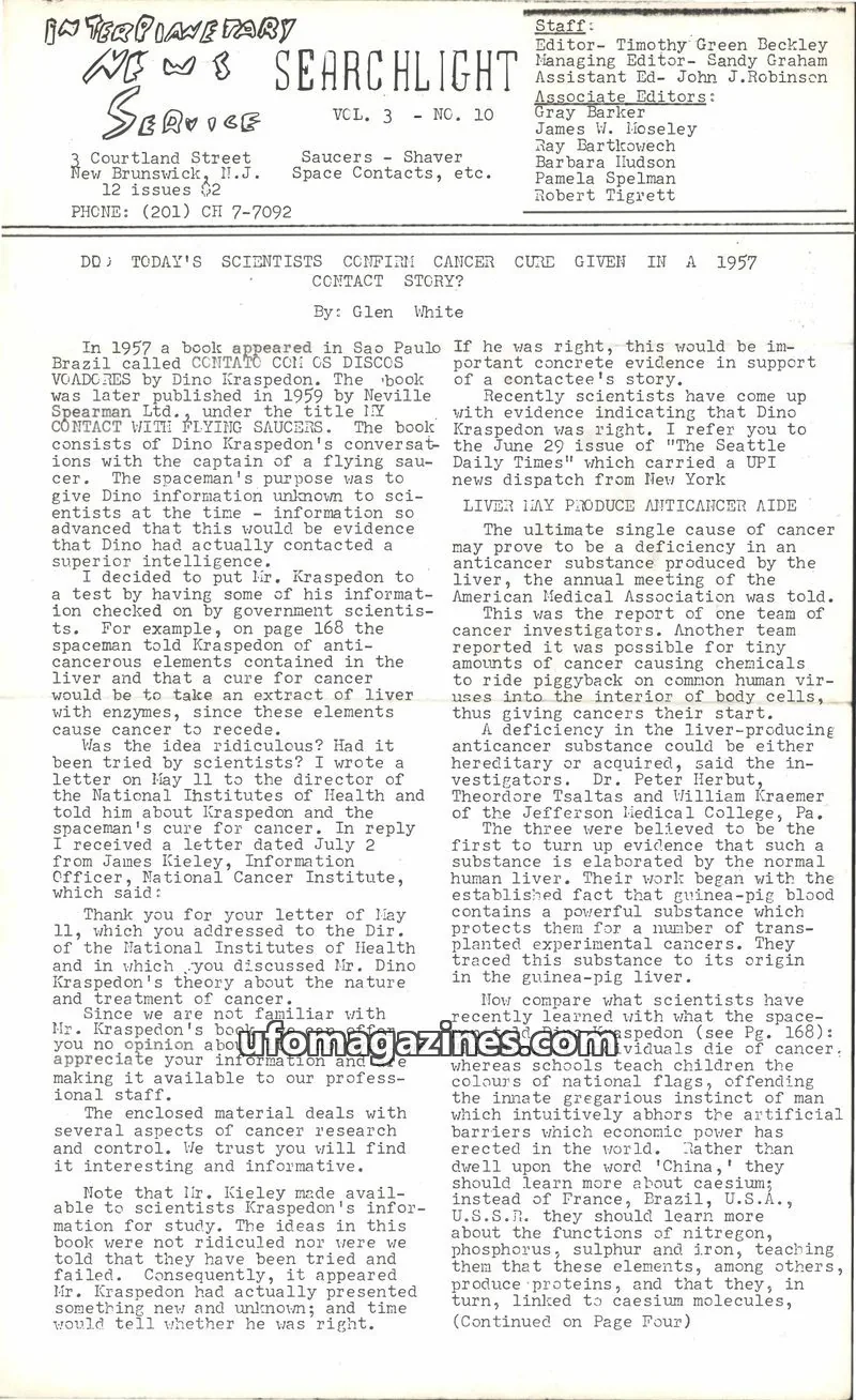 Cover of Searchlight (Timothy Green Beckley) issue VOL. 3 NO. 10: SEARCHLIGHT SERVICE