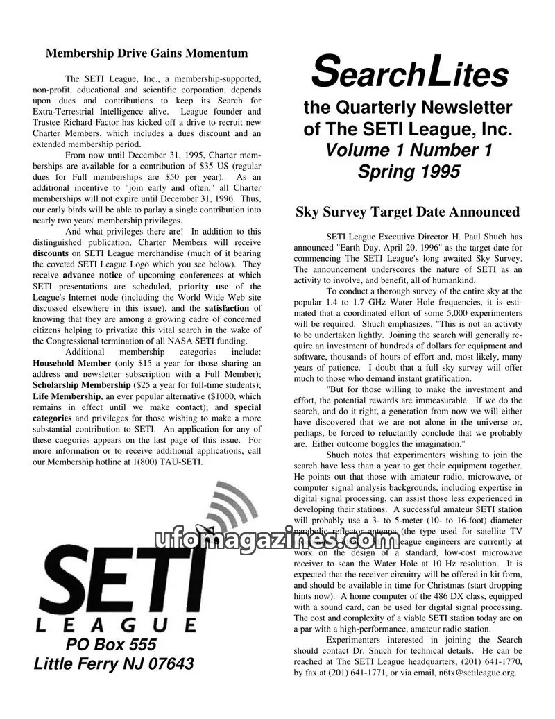 Cover of SearchLites (SETI League) issue Volume 1 Number 1: SearchLites