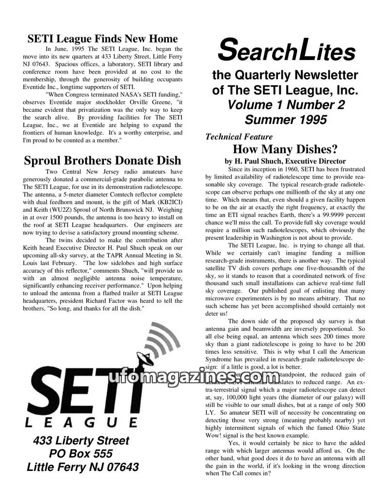 Cover of SearchLites (SETI League) issue Volume 1 Number 2: SearchLites