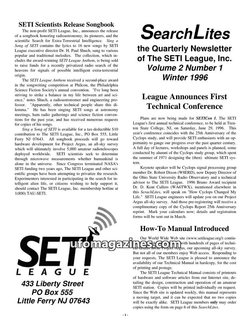 Cover of SearchLites (SETI League) issue Volume 2 Number 1: SearchLites