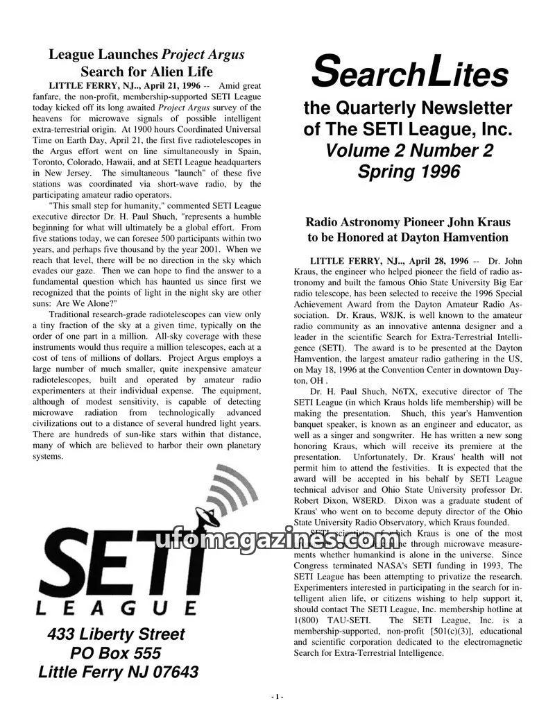 Cover of SearchLites (SETI League) issue Volume 2 Number 2: SearchLites
