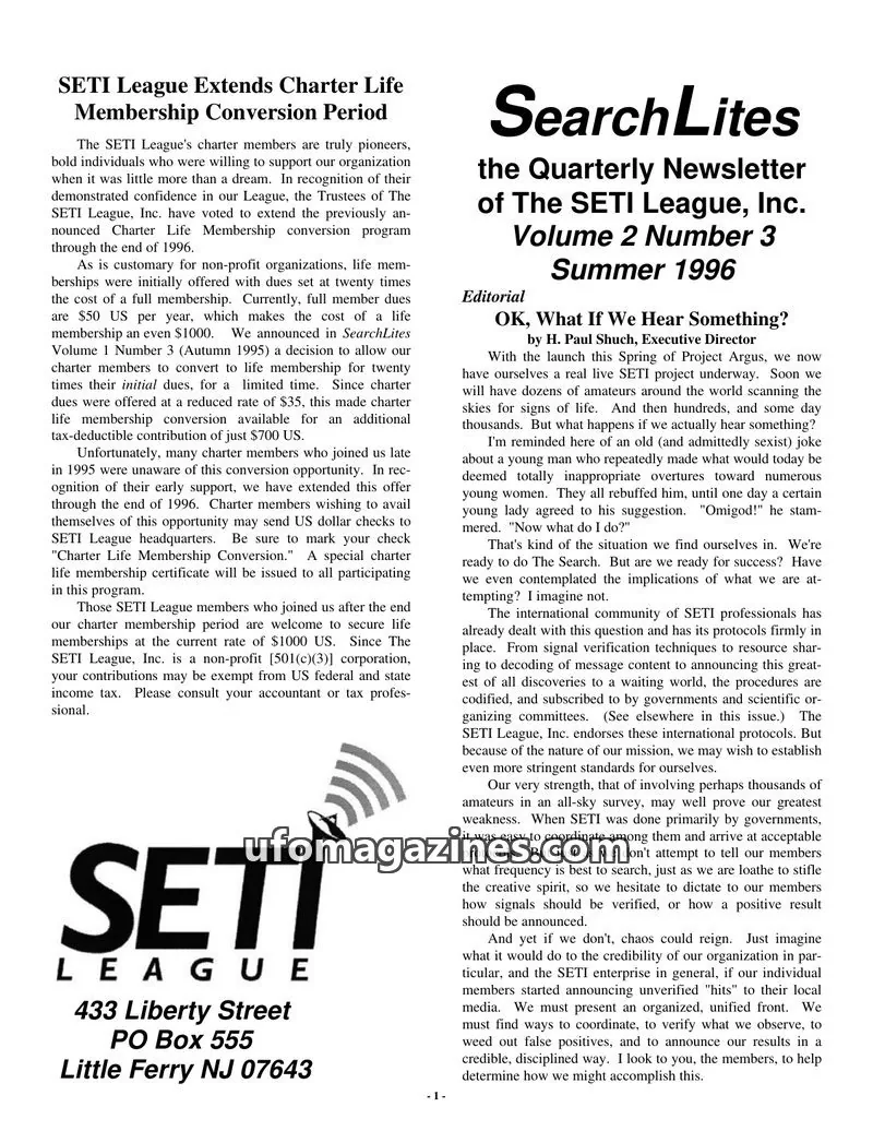 Cover of SearchLites (SETI League) issue Volume 2 Number 3: SearchLites