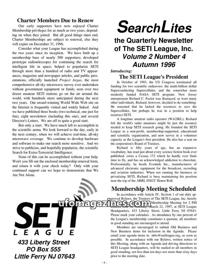 Cover of SearchLites (SETI League) issue Volume 2 Number 4: SearchLites