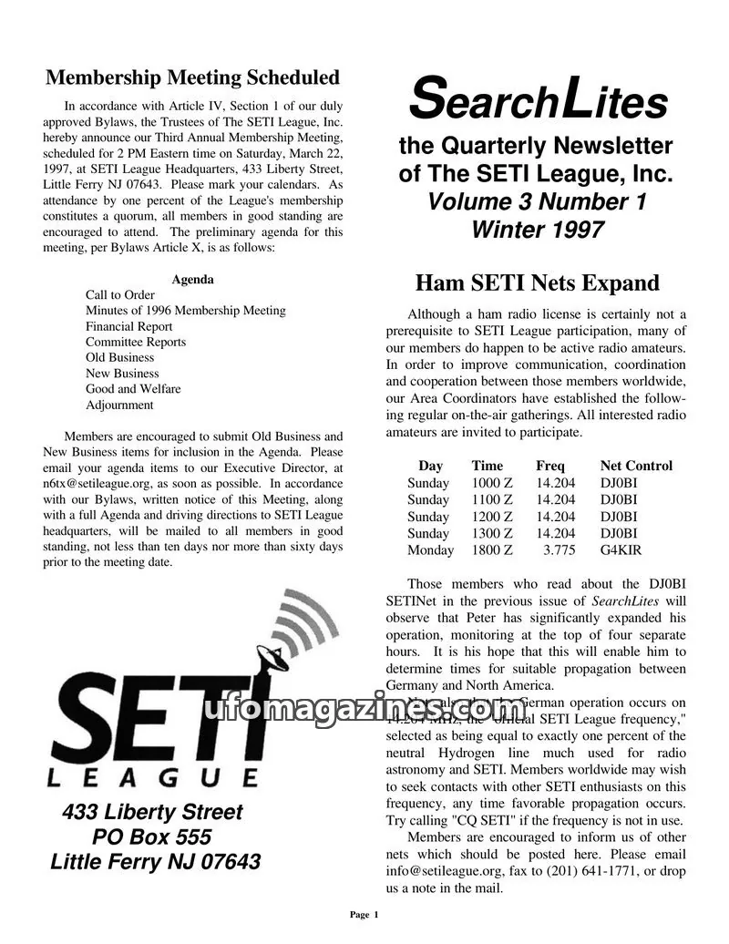Cover of SearchLites (SETI League) issue Volume 3 Number 1: SearchLites