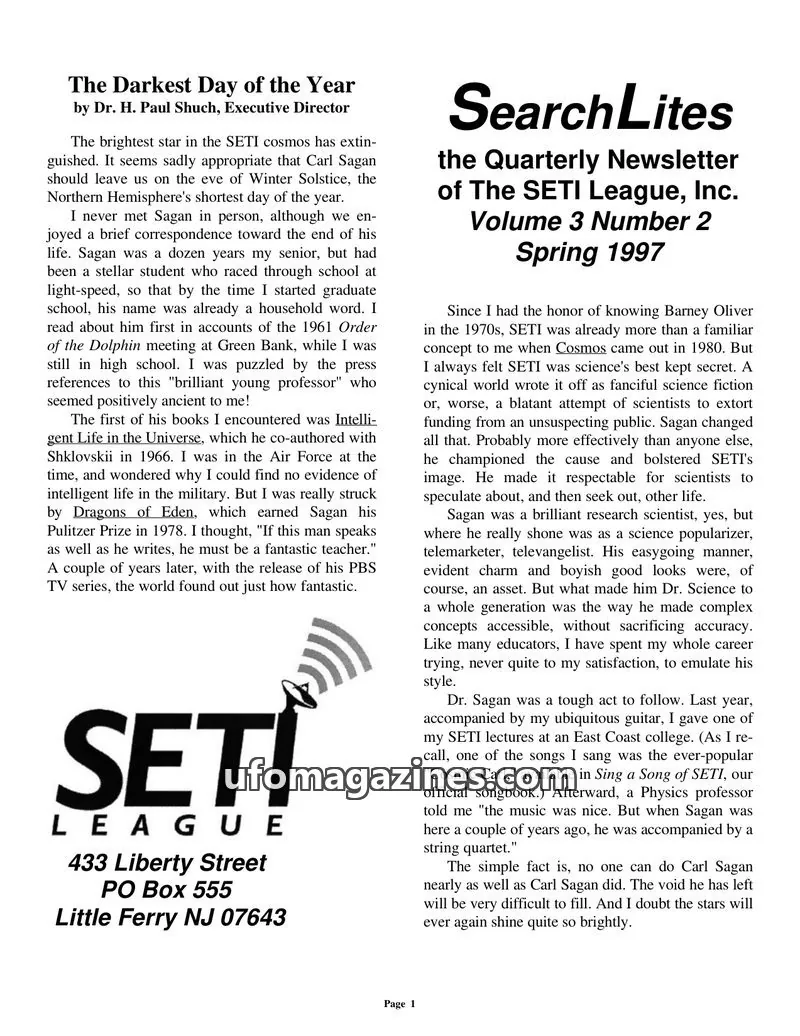 Cover of SearchLites (SETI League) issue Volume 3 Number 2: SearchLites