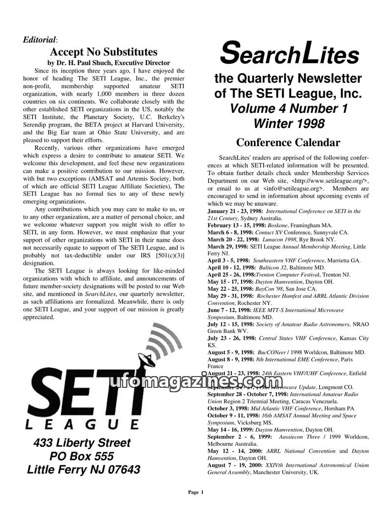 Cover of SearchLites (SETI League) issue Volume 4 Number 1: SearchLites
