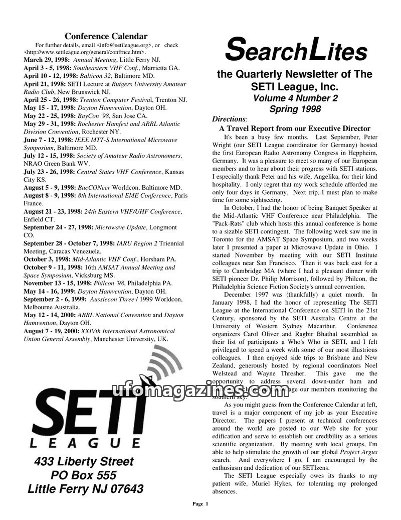 Cover of SearchLites (SETI League) issue Volume 4 Number 2: SearchLites