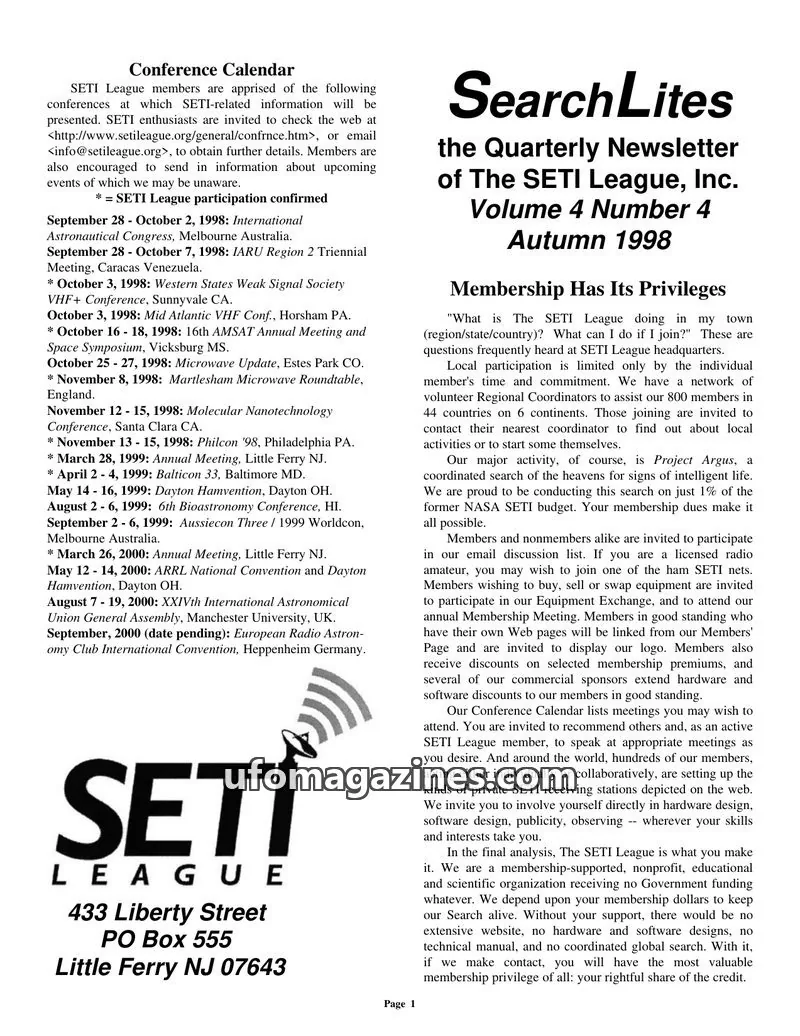 Cover of SearchLites (SETI League) issue Volume 4 Number 4: SearchLites