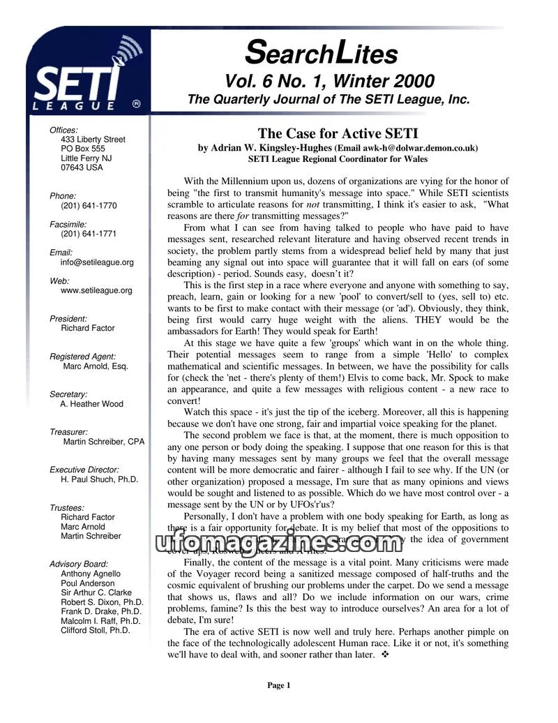 Cover of SearchLites (SETI League) issue Vol. 6 No. 1, Winter 2000: SearchLites